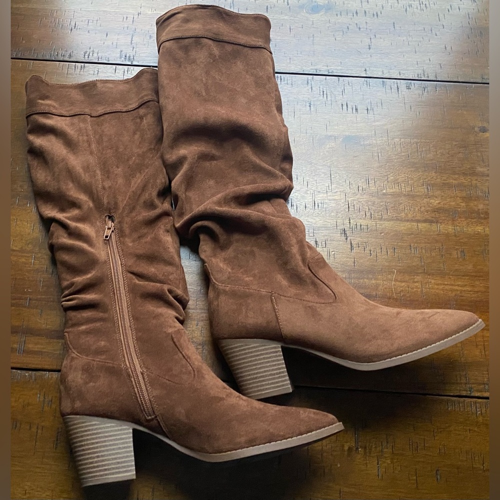 •NWT•Time and Tru Women's Tall Heeled Slouch Boots Memory Foam Footbed- COGNAC